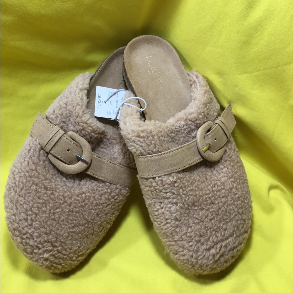 J. Crew Women’s Faux Shearling Slip-On Buckle Clog in Tan SZ 8